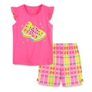 Toddler girl summer set with pink watermelon top and colorful checkered shorts