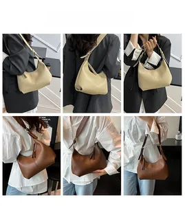 Detailed views of leather crescent shoulder bags in beige and brown colors with adjustable straps