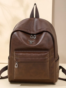 Retro dark brown leather backpack with metal rabbit logo and multi-pocket structure