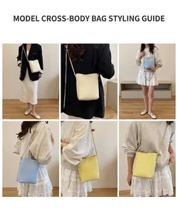Three bucket bags in beige, blue, and yellow with litchi grain leather and chain straps