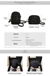 Detailed size guide for black nylon crossbody bags with glitter bear and measurements