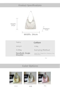 Detailed size chart for large canvas tote bag showing dimensions 34x37x11cm and strap length