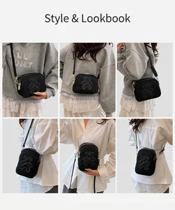 Detailed views of black quilted crossbody bag with bear motif worn in various styles