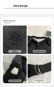 Détail du sac à cordon en nylon imperméable montrant la poche latérale et la sangle