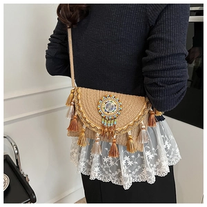Detail of bohemian woven crossbody bag featuring colorful beadwork and gradient fringes