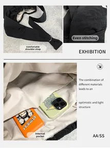 Détails du sac en nylon noir montrant les coutures renforcées, la bandoulière et la poche