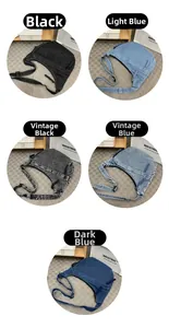 Detail view of denim crossbody bags in five colors with adjustable straps and zip details
