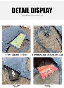 Detail view of denim shoulder bag features including zipper pockets and wide strap design
