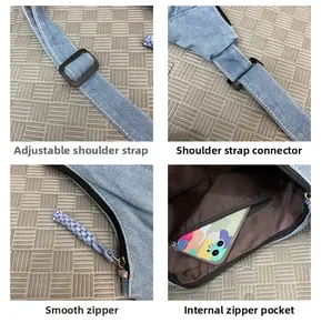 Detail of adjustable strap, smooth zipper with lilac puller and inner pocket of denim tote