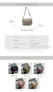 Detailed size specifications for the large capacity canvas crossbody bag showing 24x16x11cm