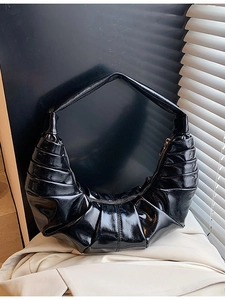 Women Ruched Underarm Hobo Bag Glossy PU Leather Pleated Crescent Shoulder Bag Chic Croissant Handbag For Daily Fashion Travel