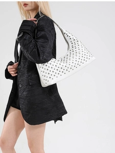 White faux leather shoulder bag with silver rivet studs and crescent shape for women