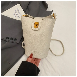 Detail of off-white lychee grain leather bucket bag featuring gold metal hardware and lock