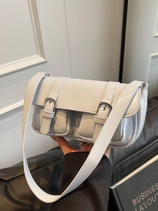 Shiny PU Leather Small Square Crossbody Bag For Women Chic Underarm Bag With Double Front Pockets Retro Fashion Handbag
