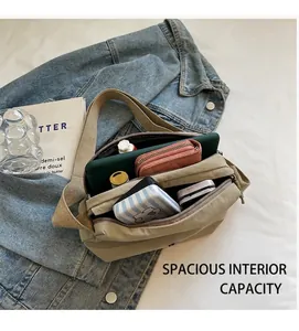 Spacious canvas crossbody bag interior with multiple compartments for tablet and essentials