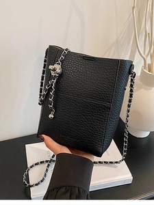 Women Minimalist PU Leather Pebble Grain Bucket Bag Fashion Crossbody Shoulder Bag Metal Chain Strap Adjustable Ball