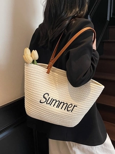 Sac fourre-tout de plage en paille avec broderie Summer et anses en cuir marron