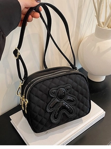 Quilted Nylon Crossbody Bag Women Small Square Phone Bag Sequined Bear Pattern Gold Zipper Multi Layer Shoulder Bag Black