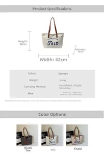 Size chart showing large canvas tote dimensions: 42x28x13cm with embroidery details