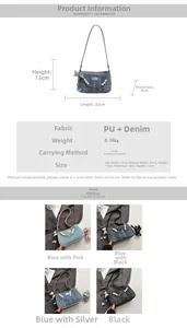 Detailed spec sheet showing denim and PU material mix for the bow-knot crossbody bag