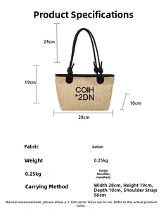 Detail view of woven straw tote bag with black handles and dimensional size labels