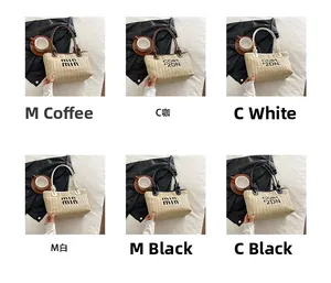 Collage of chic woven straw tote bags in brown, white and black for summer vacations