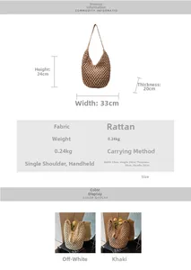 Detailed size chart and dimensions for the woven hollow bucket straw beach bag