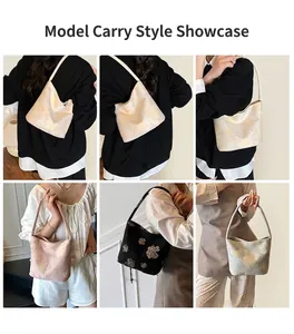 Multiple views of floral jacquard underarm bags in various colors shown on a model
