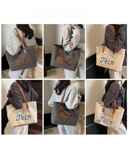 Collage of model carrying a canvas tote bag with letter embroidery and leather straps