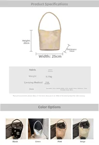 Detailed dimension guide and color options for the floral jacquard bucket shoulder bag