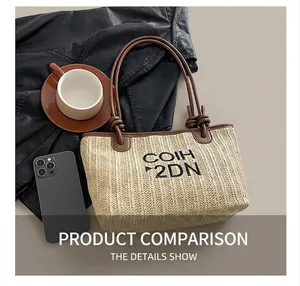 Detail of hand-woven straw tote bag featuring brown leather knot handles and black embroidery