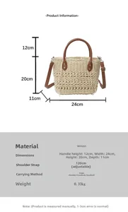 Detailed size specifications for straw bucket bag with leather handles and dimensions