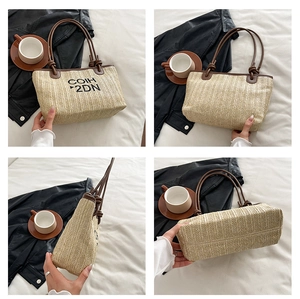 Detailed views of a minimalist woven straw tote bag with brown handles from four angles
