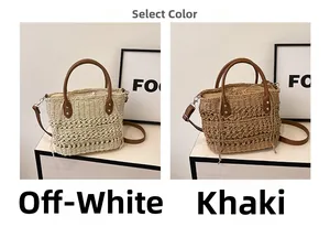 Detailed comparison of beige and khaki straw tote bags with leather straps and drawstring