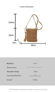 Detailed size specifications for a brown woven bucket bag with fringe and dimensions