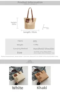 Detailed dimension guide for large woven straw tote bag with leather logo and tassels