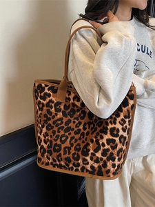 Large leopard print canvas tote bag with brown straps for women casual style