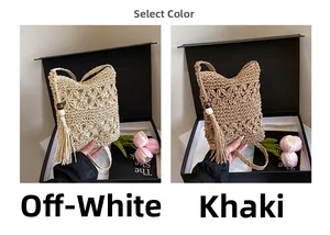 Detailed comparison of beige and khaki woven bucket bags with tassel and wood bead accents