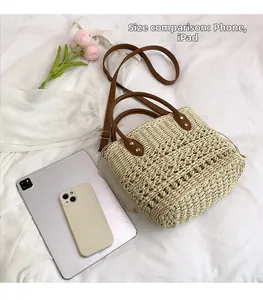 Straw bucket bag size comparison with iPad and phone showing spacious interior