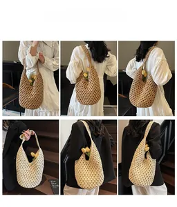 Multiple views of a large woven straw shoulder bag in brown and cream beige tones