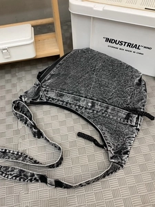 Large capacity vintage washed denim crossbody shoulder bag with adjustable strap