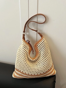 Women's Bohemian Straw Woven Shoulder Bag Hollow Knit Tote Bag With Artificial Leather Strap Casual Beach Vacation Handbag