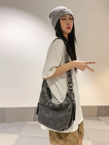 American vintage wash denim hobo shoulder bag in smoke gray with wide strap