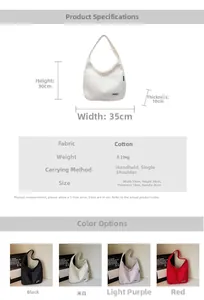 Detailed size chart and color options for the minimalist canvas shoulder bag for women