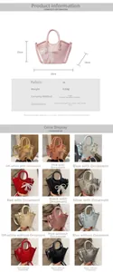 Detail view of mini PU leather tote bag sizes and color options including pearl bow charms