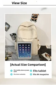 Detailed capacity view of beige minimalist backpack fitting A4 magazines and tablets