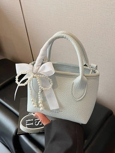 Women Lychee Pattern PU Leather Handbag Artificial Pearl Ribbon Charm Crossbody Bucket Bag Elegant Daily Commute Lady Shoulder Bag
