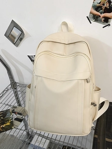 Minimalist cream white PU leather backpack with multiple zip compartments and side pockets