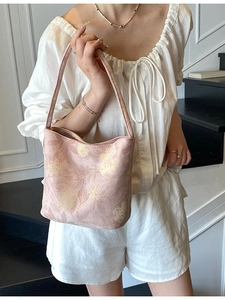 Women's New Chinese Style Jacquard Underarm Bag Floral Pattern PU Shoulder Bag Mini Bucket Bag Fashion Commute Tote Handbag