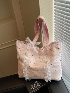 Sac Fourre-Tout Doux à Pois et Dentelle pour Femmes Grande Capacité Sac à Épaule en PU Avec Décoration de Nœud Élégant Sac à Main